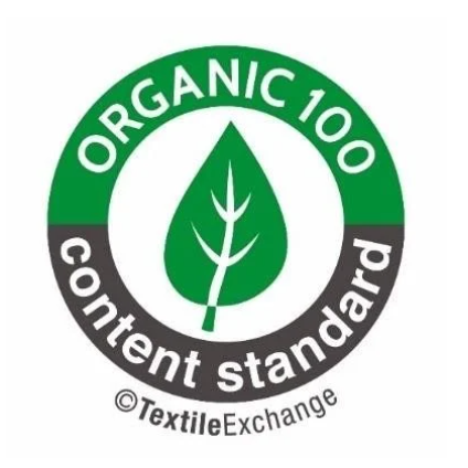 OCS100のロゴ。OCS認証されたオーガニック原料が95%以上含むことを示しています。 License No: KN0034 Certification body: KE