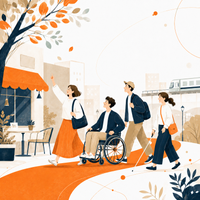 車いすユーザーを含む仲間が、一緒に街を巡るイラスト