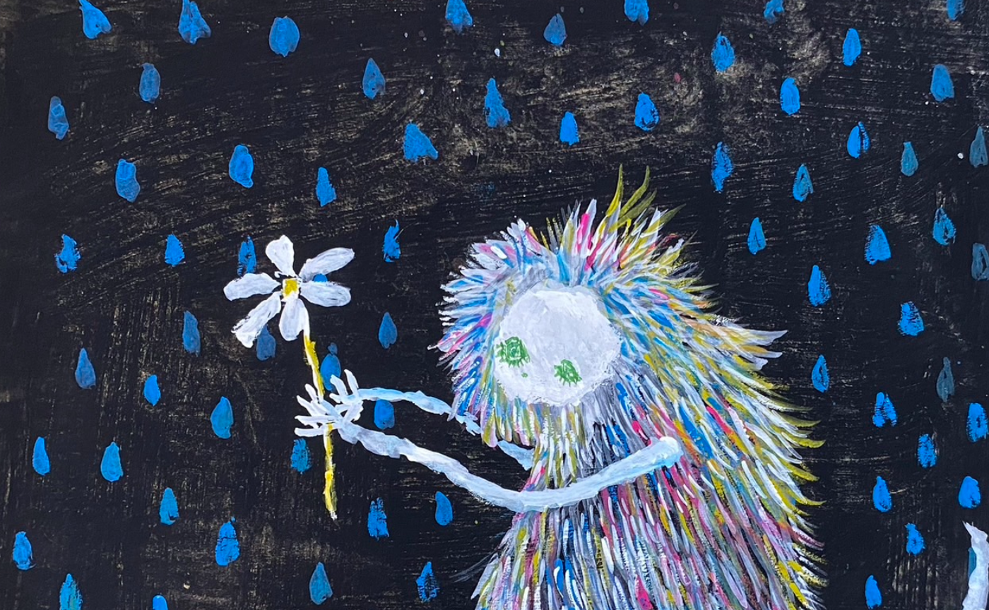 『花と怪獣、雨の中』（絵・物語）