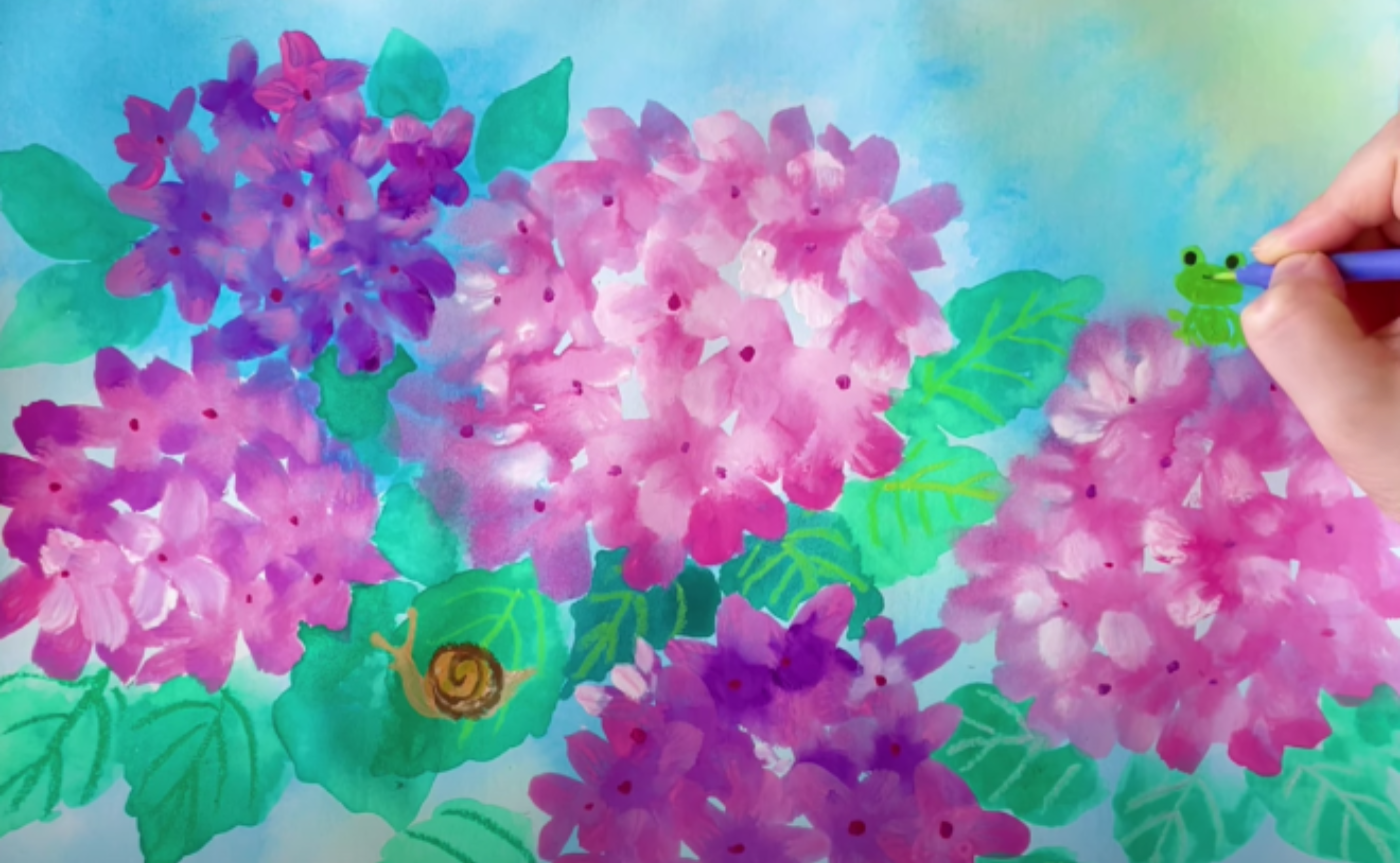 雨を楽しもう！色の重ね塗りであじさいを描くよ。日中バイリンガル🇨🇳🇯🇵まとめ