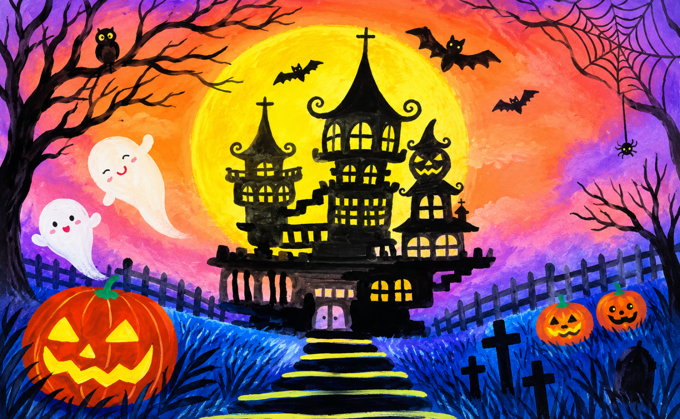 🎃【ハロウィンのお城とオバケ】を描いてみよう！日中バイリンガルお絵描き🇨🇳🇯🇵
