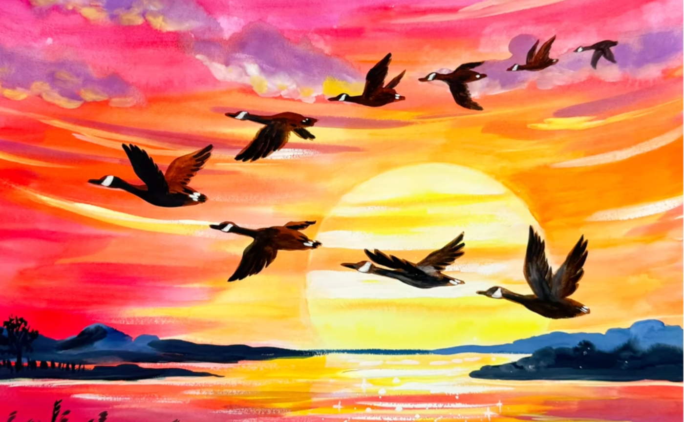 【夕焼け空と鳥の群れ】を描いてみよう！日中バイリンガルお絵描き🇨🇳🇯🇵